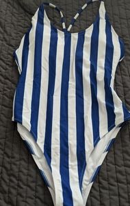 Blue and white one piece swimsuit